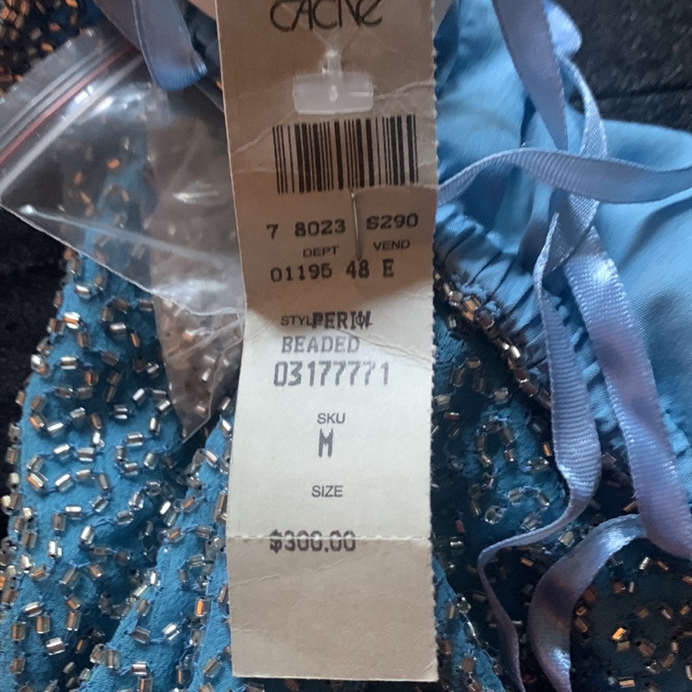NWT Cache blue silk evening gown with silver bugle beads.  Size M